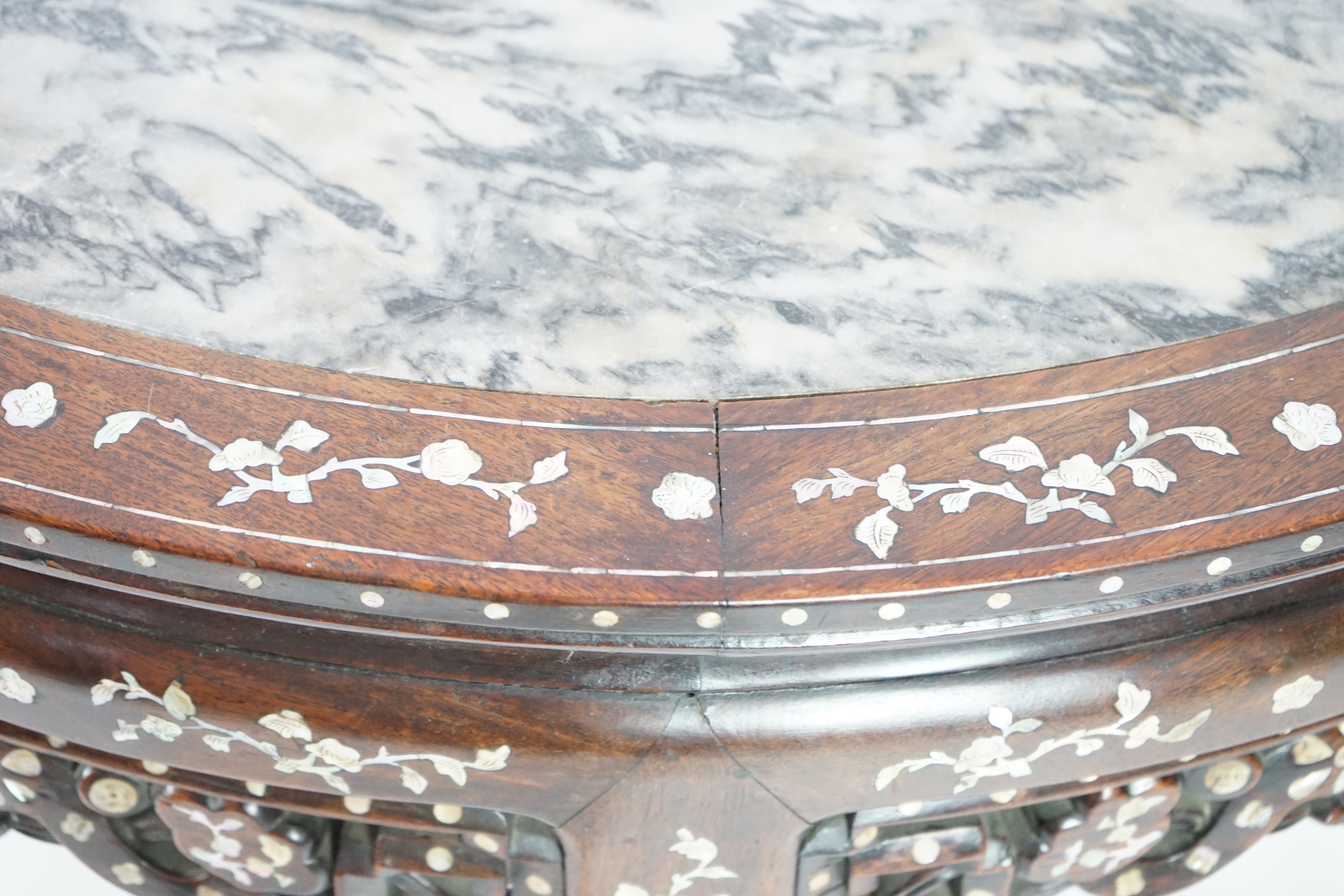 A Chinese hongmu and floral mother of pearl inlaid console table, late 19th/early 20th century